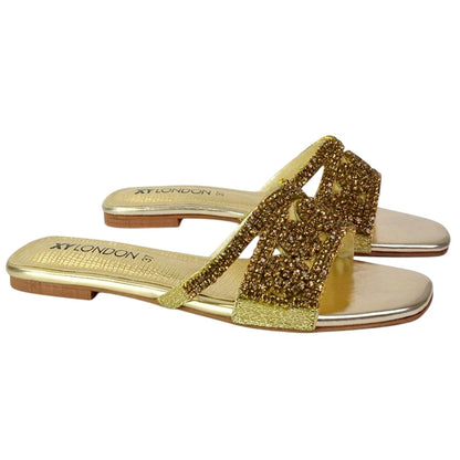 Gold - Side - XY London Womens-Ladies Kingsley Diamante Slip-on Embellished Flat Sandals