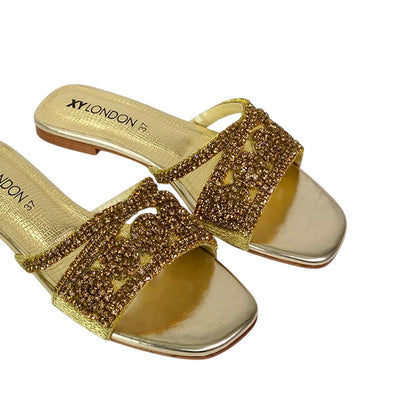 Gold - Lifestyle - XY London Womens-Ladies Kingsley Diamante Slip-on Embellished Flat Sandals