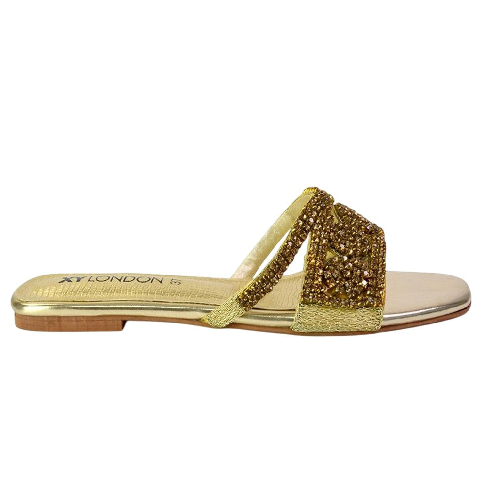 Gold - Back - XY London Womens-Ladies Kingsley Diamante Slip-on Embellished Flat Sandals