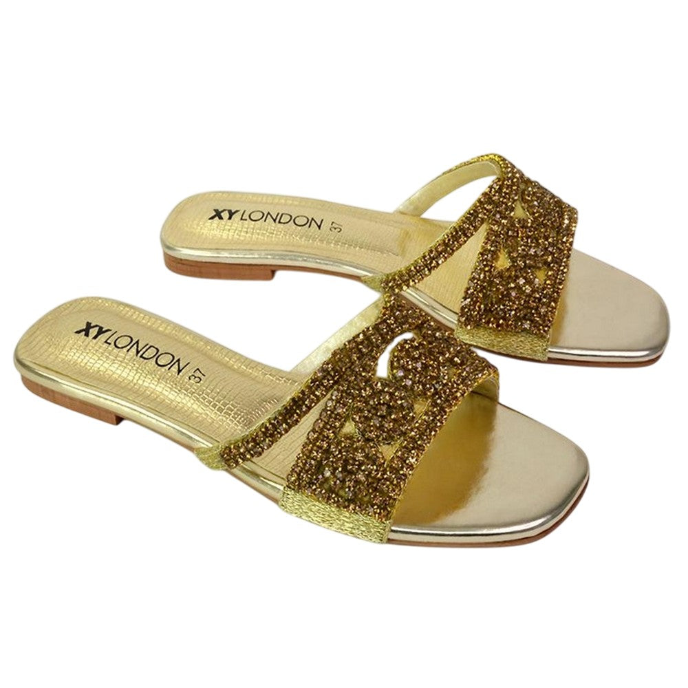 Gold - Front - XY London Womens-Ladies Kingsley Diamante Slip-on Embellished Flat Sandals