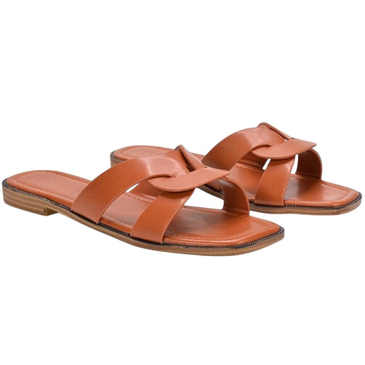 Tan - Front - XY London Womens-Ladies Charley Open Toe Sliders