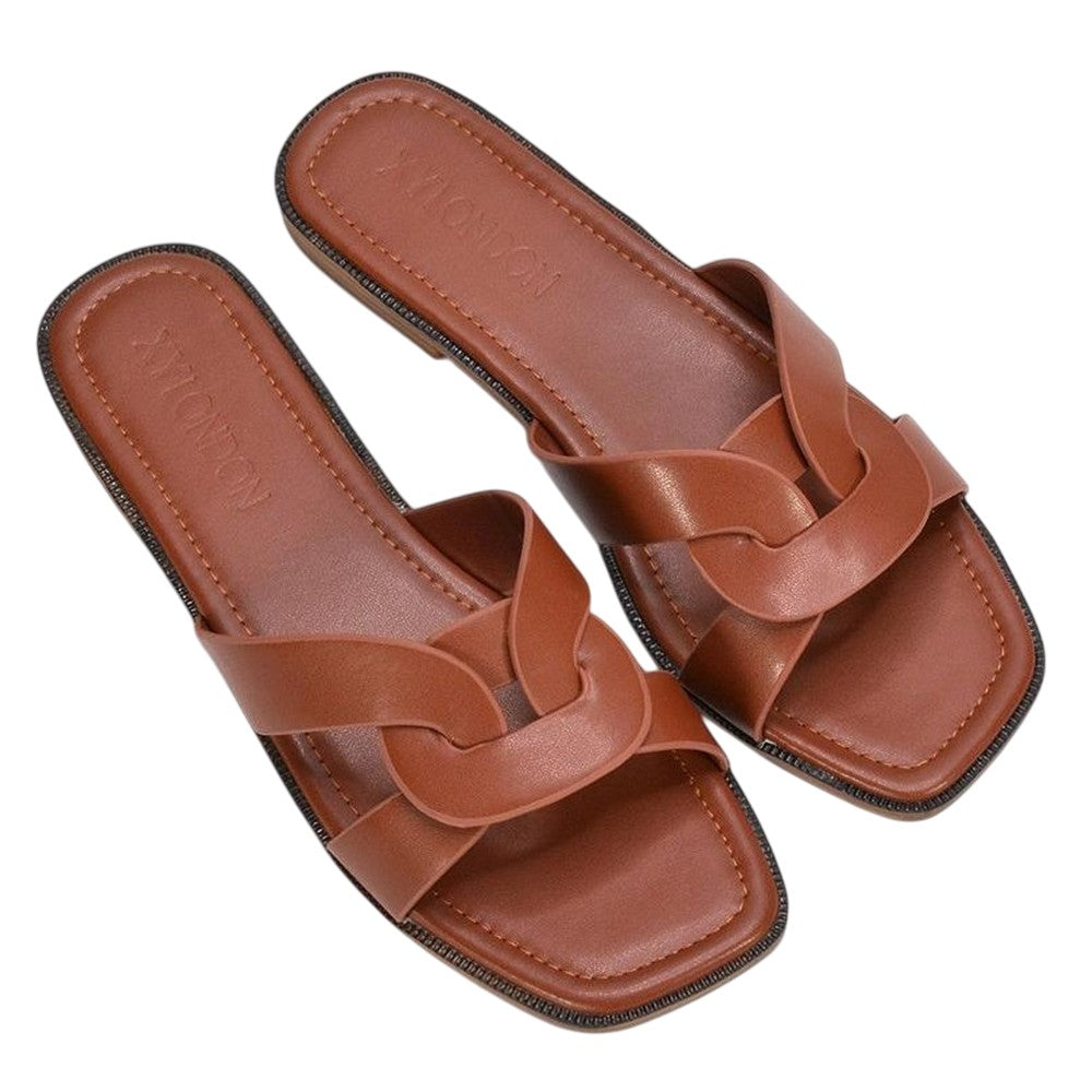 Brown - Pack Shot - XY London Womens-Ladies Charley Open Toe Sliders
