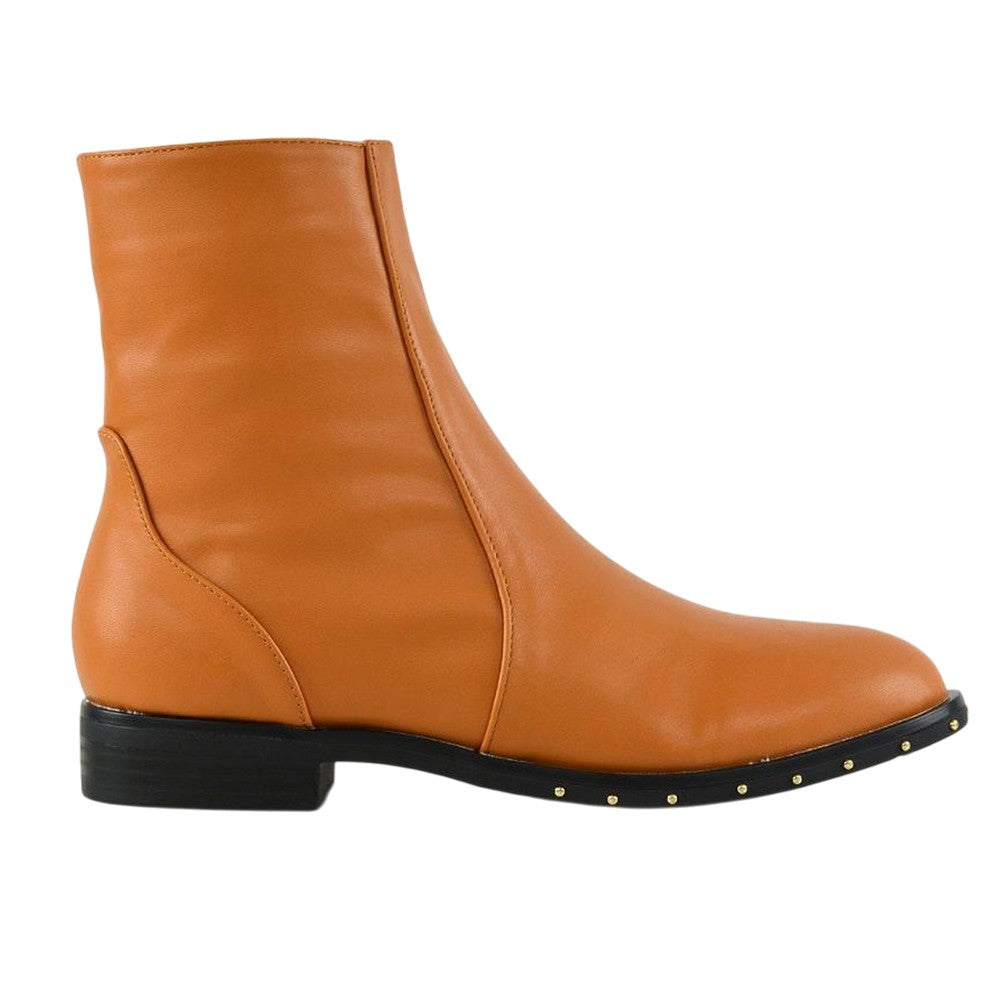 Tan - Side - XY London Womens-Ladies Nyane Studded Zipped Flat Ankle Boots