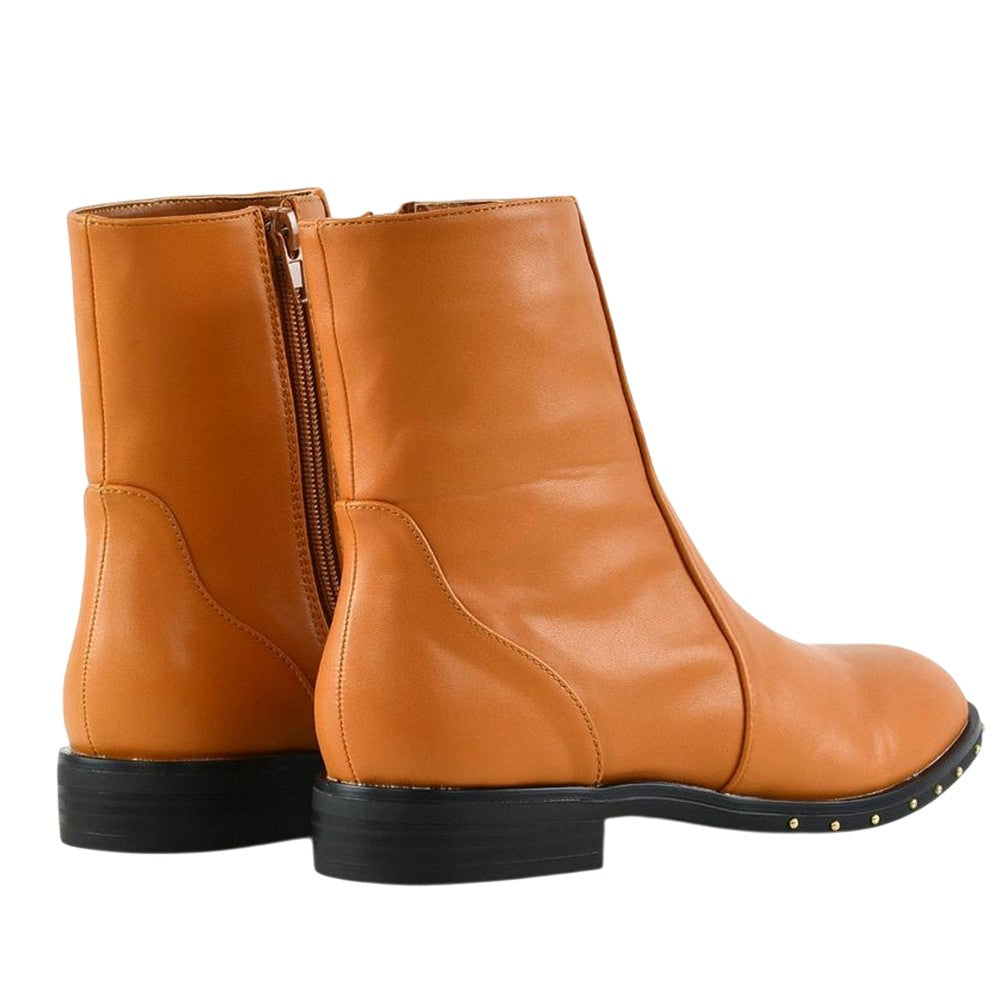 Tan - Back - XY London Womens-Ladies Nyane Studded Zipped Flat Ankle Boots