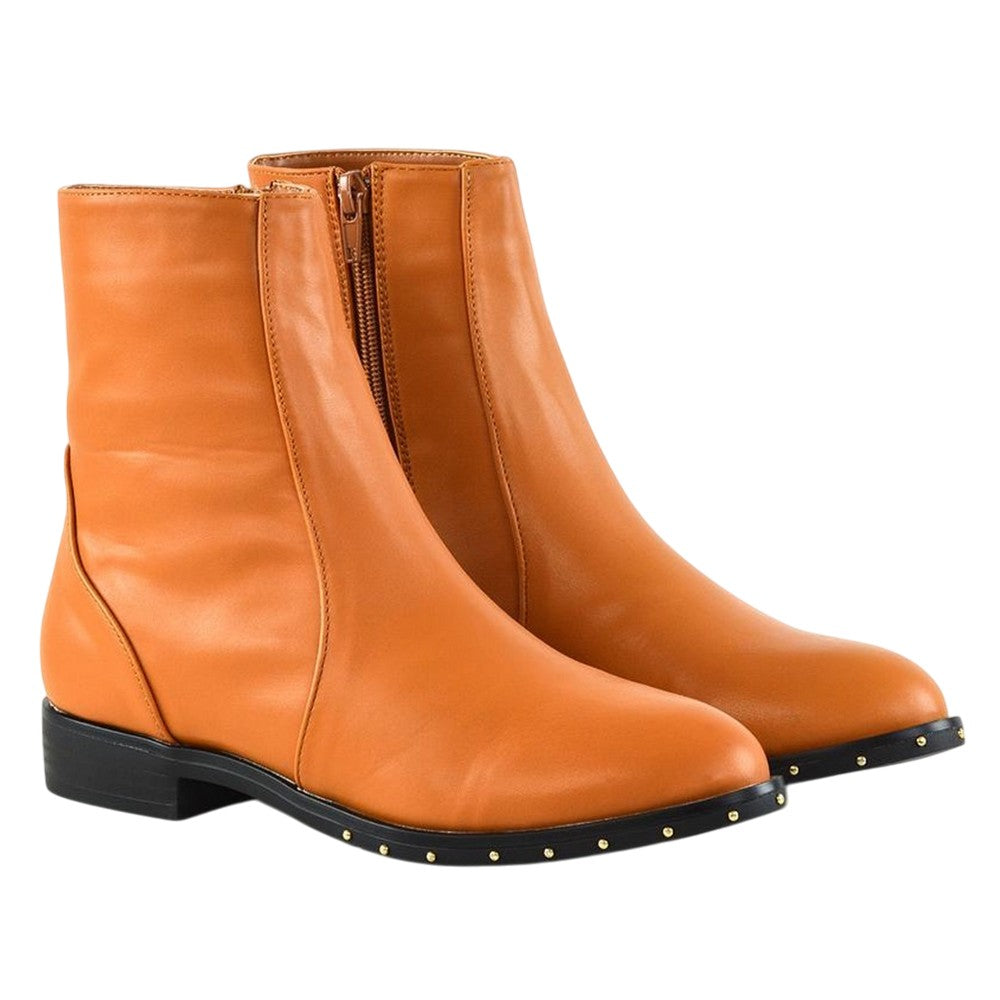 Tan - Front - XY London Womens-Ladies Nyane Studded Zipped Flat Ankle Boots