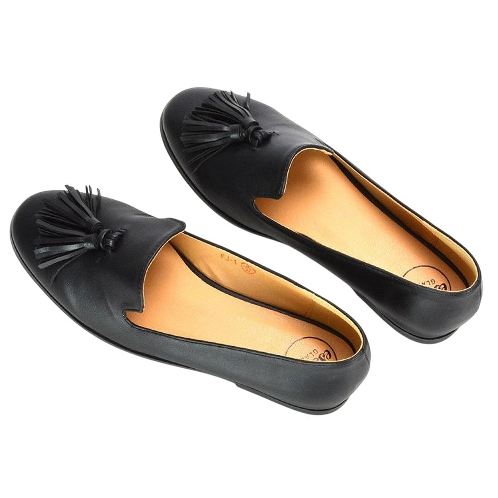 Black - Side - XY London Womens-Ladies Betsy Tassel Pointed Flat Loafers