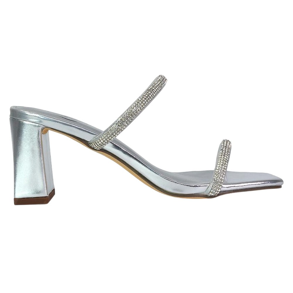 Metallic Silver - Side - XY London Womens-Ladies Holden Diamante Metallic Medium Block Heel Mule Sandals