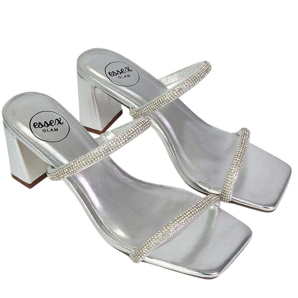 Metallic Silver - Pack Shot - XY London Womens-Ladies Holden Diamante Metallic Medium Block Heel Mule Sandals