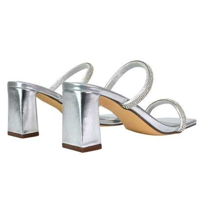 Metallic Silver - Back - XY London Womens-Ladies Holden Diamante Metallic Medium Block Heel Mule Sandals