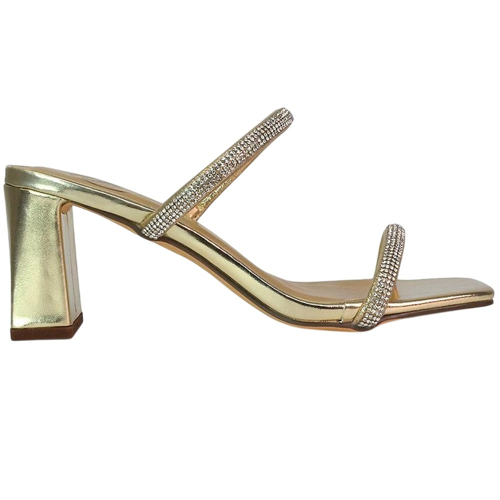 Metallic Gold - Side - XY London Womens-Ladies Holden Diamante Metallic Medium Block Heel Mule Sandals