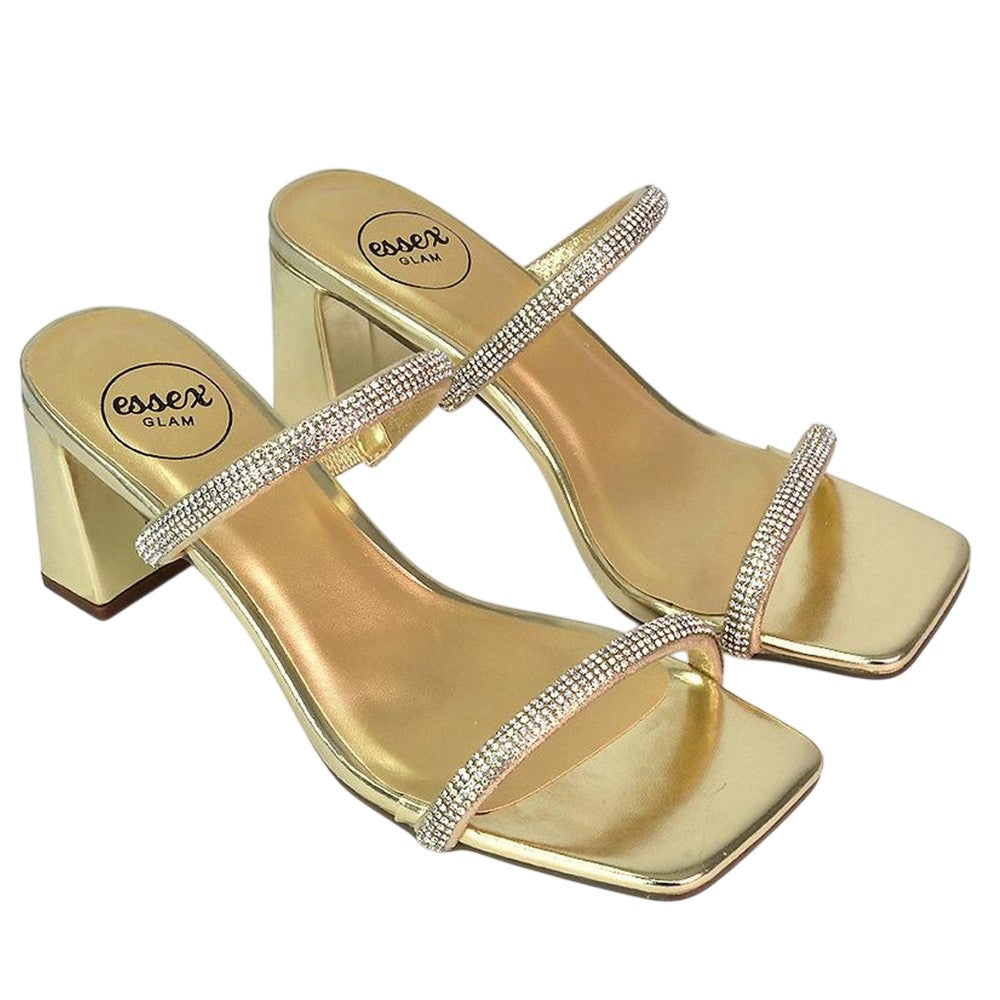 Metallic Gold - Front - XY London Womens-Ladies Holden Diamante Metallic Medium Block Heel Mule Sandals