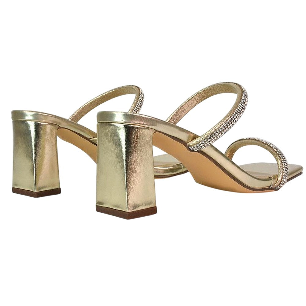 Metallic Gold - Back - XY London Womens-Ladies Holden Diamante Metallic Medium Block Heel Mule Sandals