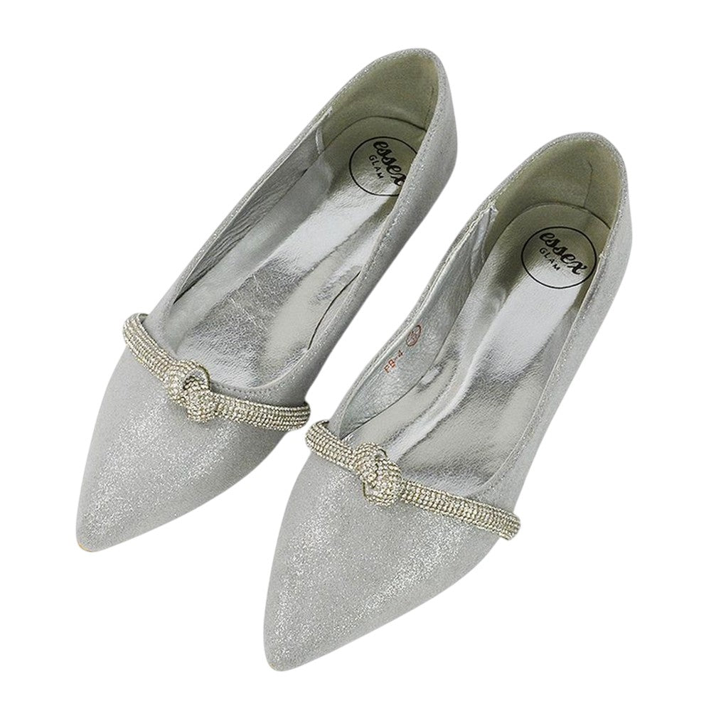 Silver - Pack Shot - XY London Womens-Ladies Halley Diamante Pointed Embellished Flat Pumps