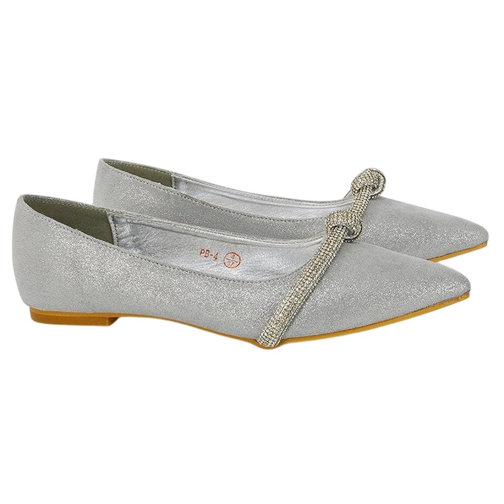 Silver - Side - XY London Womens-Ladies Halley Diamante Pointed Embellished Flat Pumps