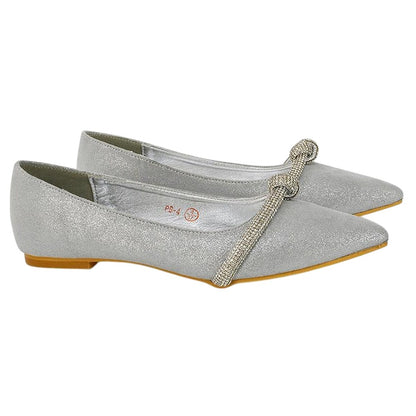 Silver - Side - XY London Womens-Ladies Halley Diamante Pointed Embellished Flat Pumps