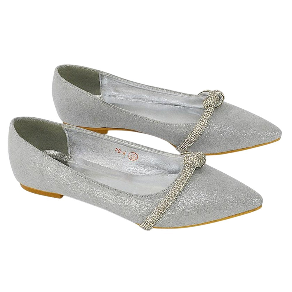 Silver - Front - XY London Womens-Ladies Halley Diamante Pointed Embellished Flat Pumps