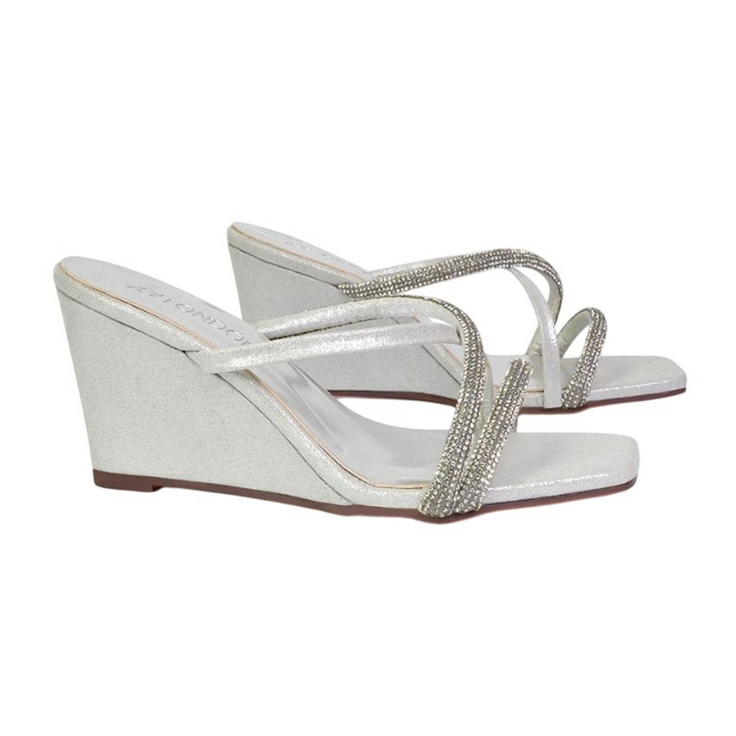 Silver - Side - XY London Womens-Ladies Kinsley Diamante Strappy Wedge Sandals