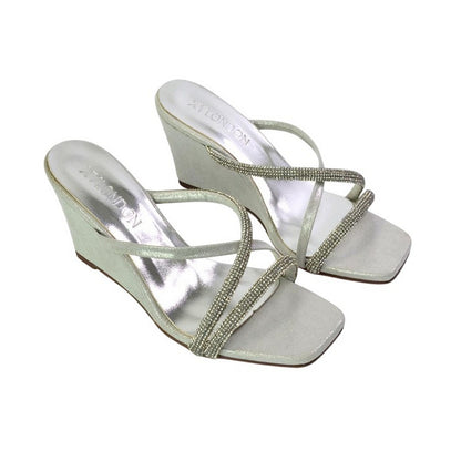Silver - Pack Shot - XY London Womens-Ladies Kinsley Diamante Strappy Wedge Sandals