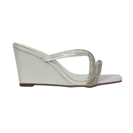 Silver - Front - XY London Womens-Ladies Kinsley Diamante Strappy Wedge Sandals