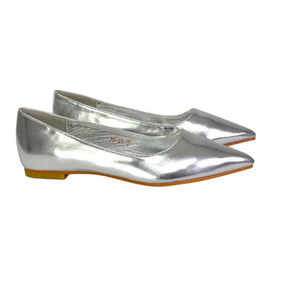 Metallic Silver - Side - XY London Womens-Ladies Bubbles Pointed Flat Ballerina Flats