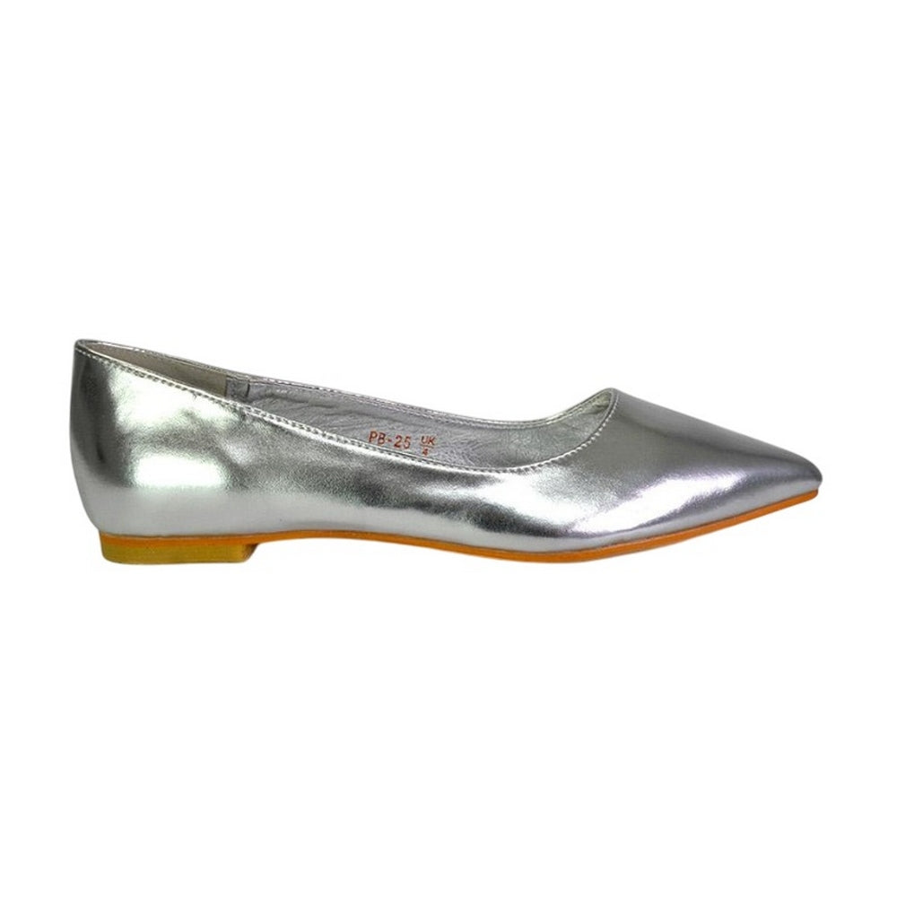 Metallic Silver - Front - XY London Womens-Ladies Bubbles Pointed Flat Ballerina Flats