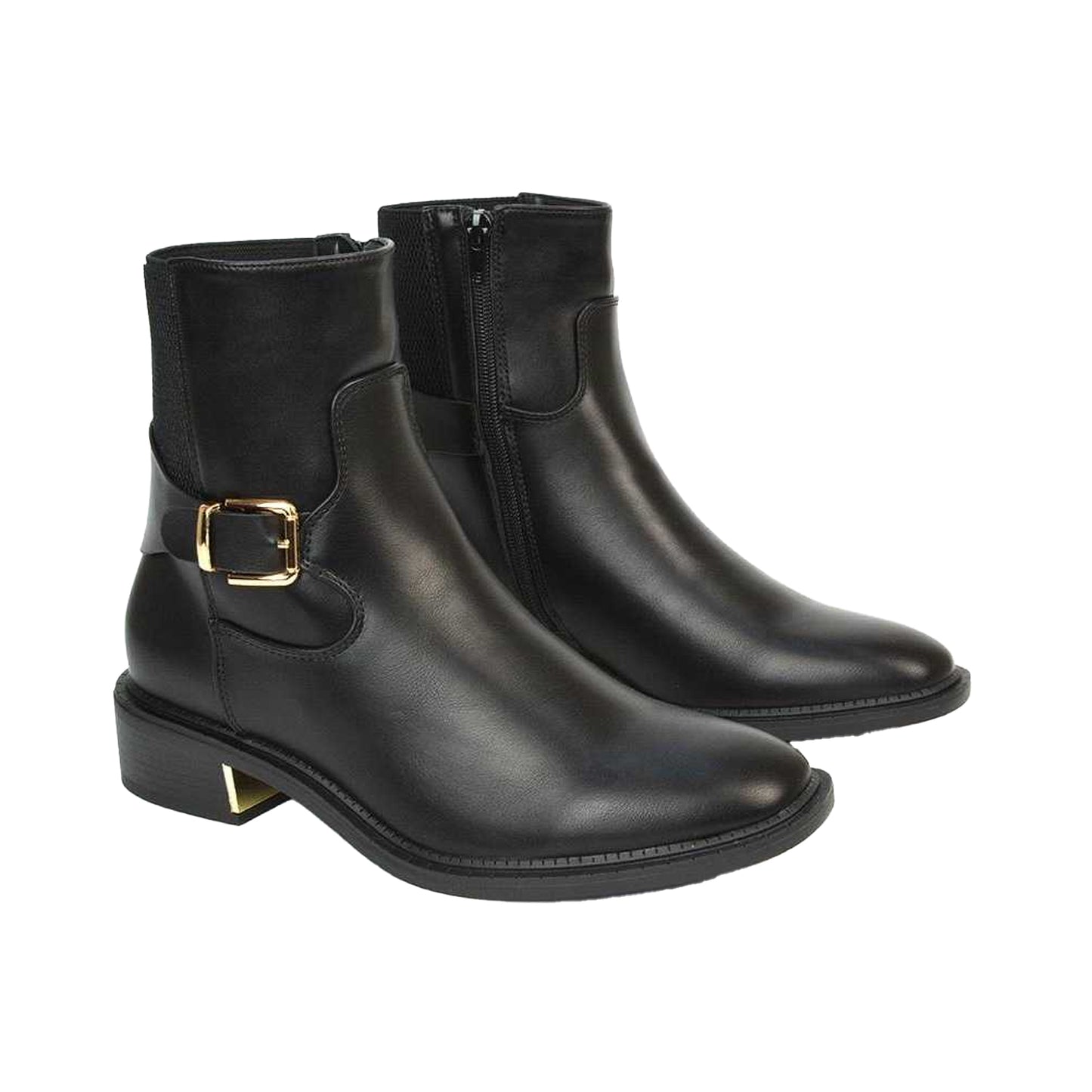 Black - Pack Shot - XY London Womens-Ladies Maisie Buckle Low Block Heel Chelsea Boots