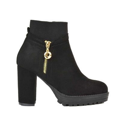 Jet Black - Side - XY London Womens-Ladies Caitlin Zip Platform Block Ankle Boots