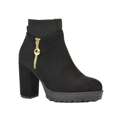 Jet Black - Front - XY London Womens-Ladies Caitlin Zip Platform Block Ankle Boots