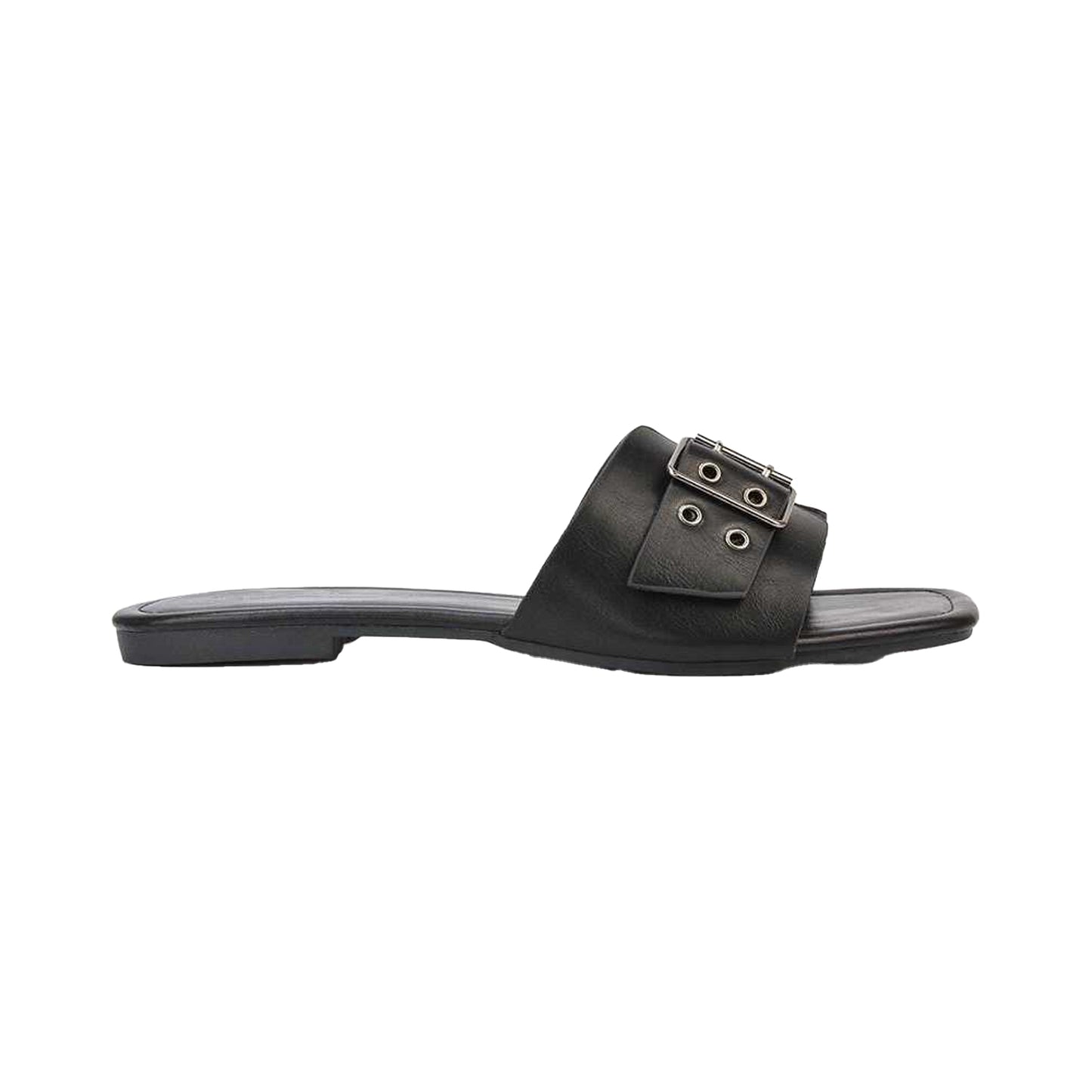 Black - Back - XY London Womens-Ladies Inez Buckle Square Toe Strappy Flat Sandals