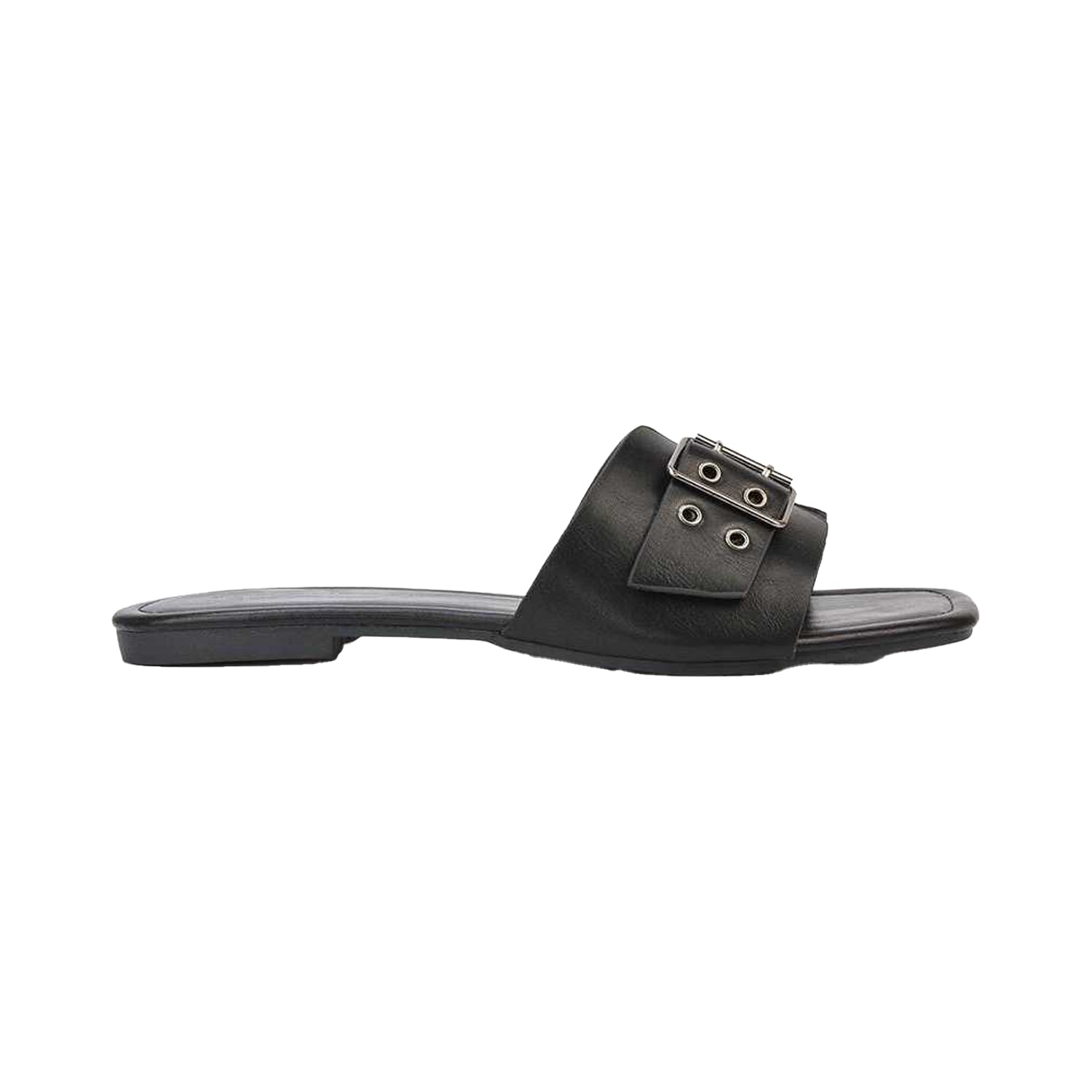 Black - Back - XY London Womens-Ladies Inez Buckle Square Toe Strappy Flat Sandals