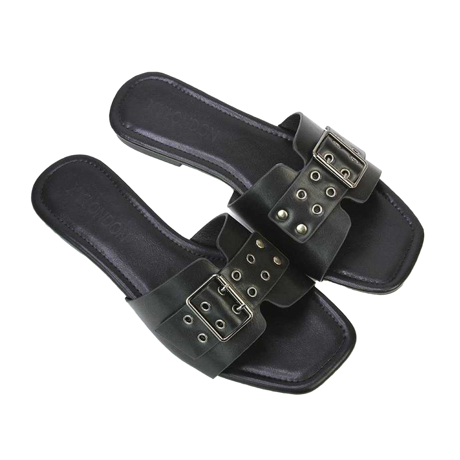 Black - Side - XY London Womens-Ladies Inez Buckle Square Toe Strappy Flat Sandals