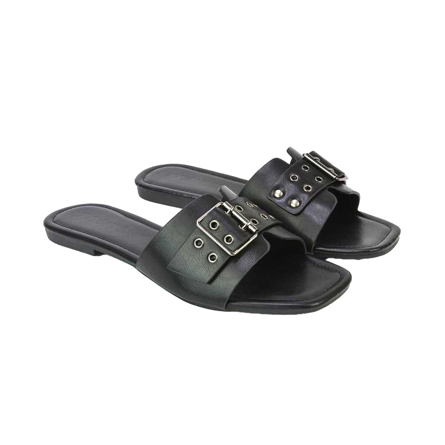 Black - Lifestyle - XY London Womens-Ladies Inez Buckle Square Toe Strappy Flat Sandals