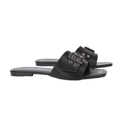 Black - Pack Shot - XY London Womens-Ladies Inez Buckle Square Toe Strappy Flat Sandals