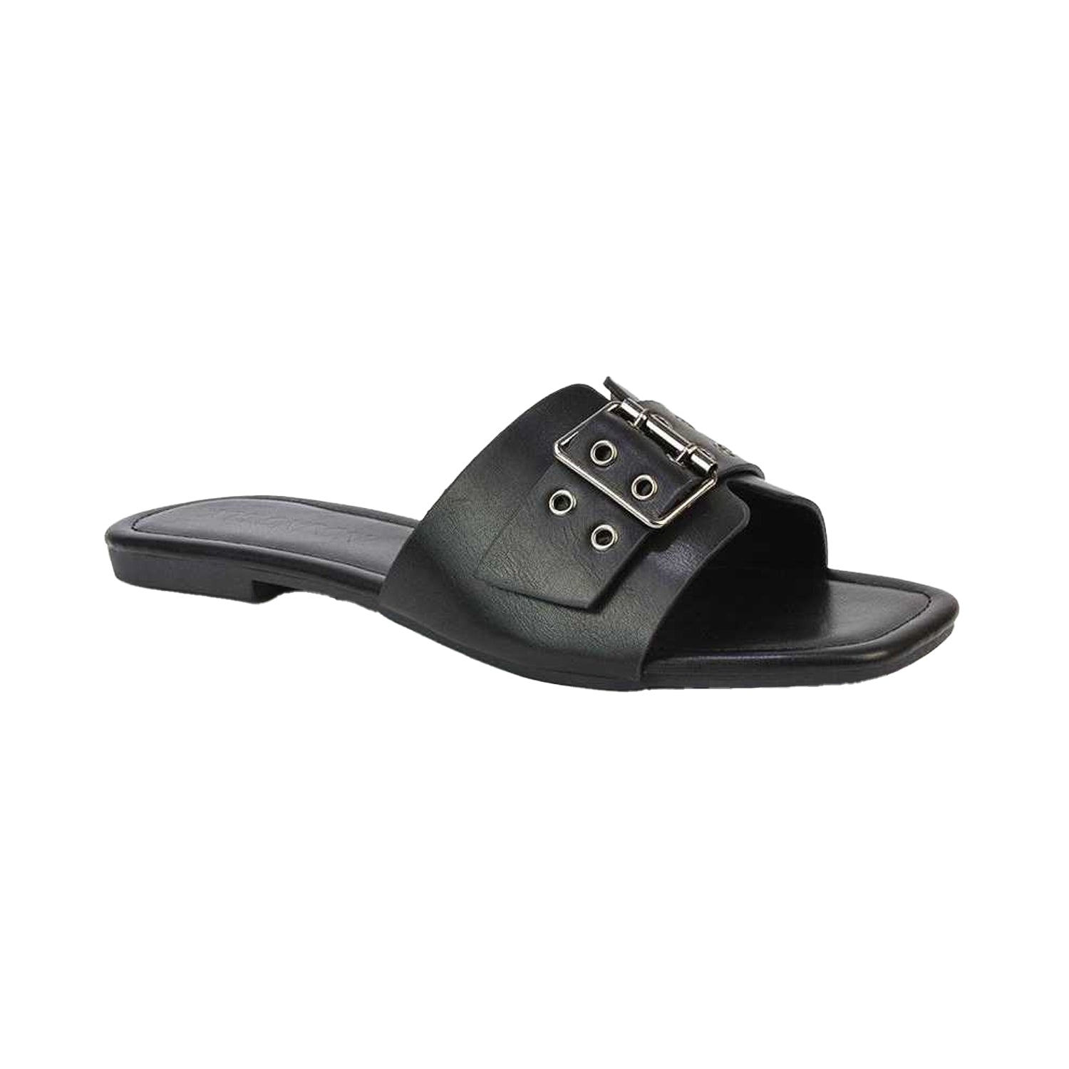 Black - Front - XY London Womens-Ladies Inez Buckle Square Toe Strappy Flat Sandals