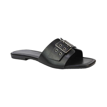 Black - Front - XY London Womens-Ladies Inez Buckle Square Toe Strappy Flat Sandals