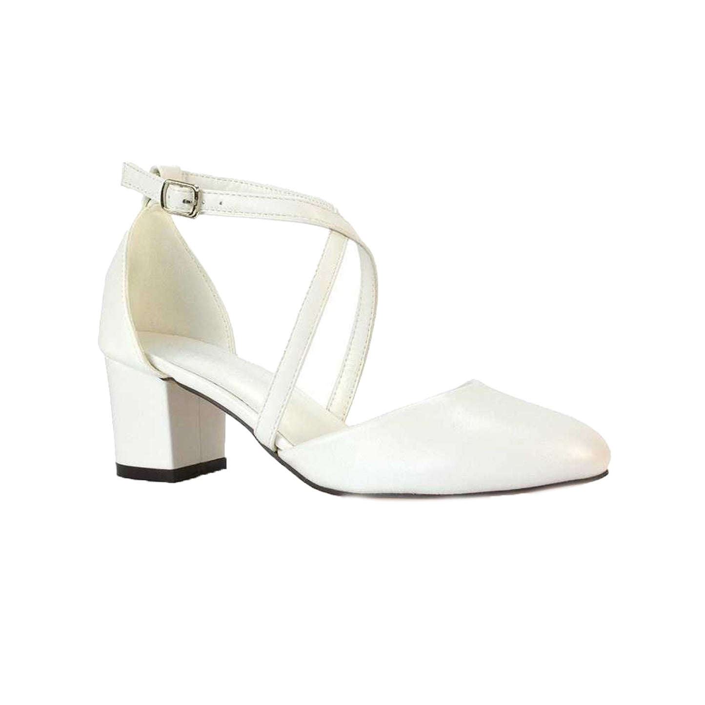 White - Pack Shot - XY London Womens-Ladies Cindy Low Mid Block Heel Court Shoes