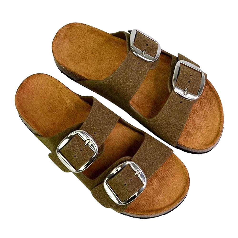 Khaki - Side - XY London Womens-Ladies Dolly Twin Buckle Sandals
