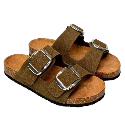 Khaki - Pack Shot - XY London Womens-Ladies Dolly Twin Buckle Sandals