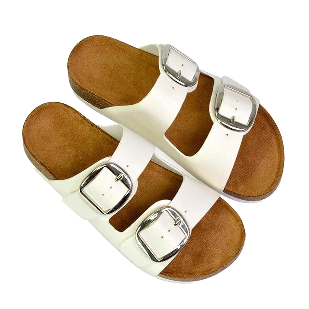 White-Brown - Side - XY London Womens-Ladies Dolly Twin Buckle Sandals