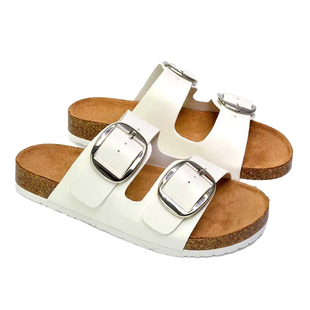 White-Brown - Pack Shot - XY London Womens-Ladies Dolly Twin Buckle Sandals