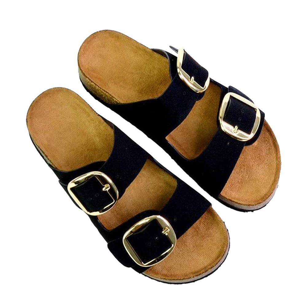 Black-Brown - Side - XY London Womens-Ladies Dolly Twin Buckle Sandals