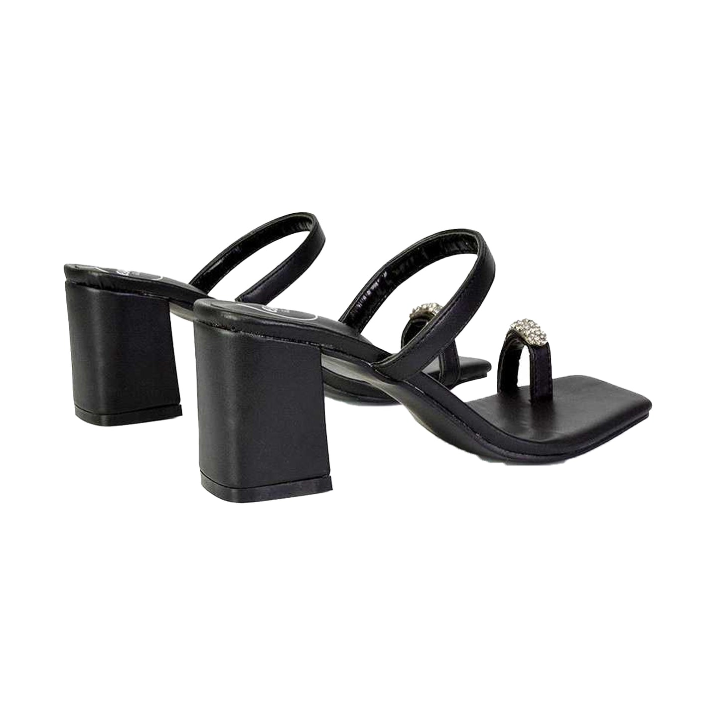 Black - Back - XY London Womens-Ladies Daiquiri Diamante Double Strap Medium Block Heel Mule Sandals
