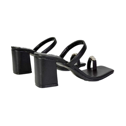 Black - Back - XY London Womens-Ladies Daiquiri Diamante Double Strap Medium Block Heel Mule Sandals