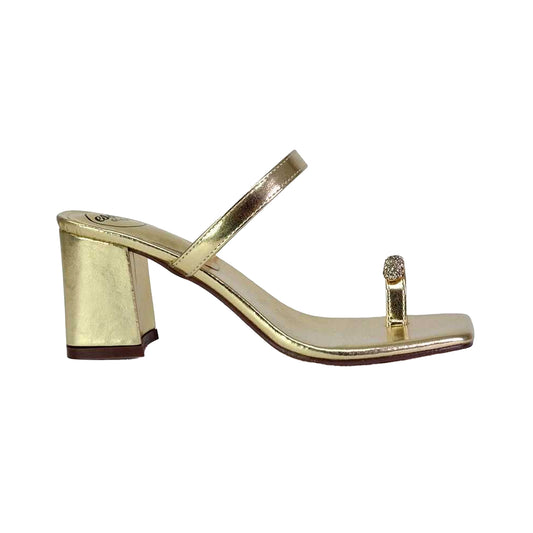 Metallic Gold - Front - XY London Womens-Ladies Daiquiri Diamante Double Strap Medium Block Heel Mule Sandals