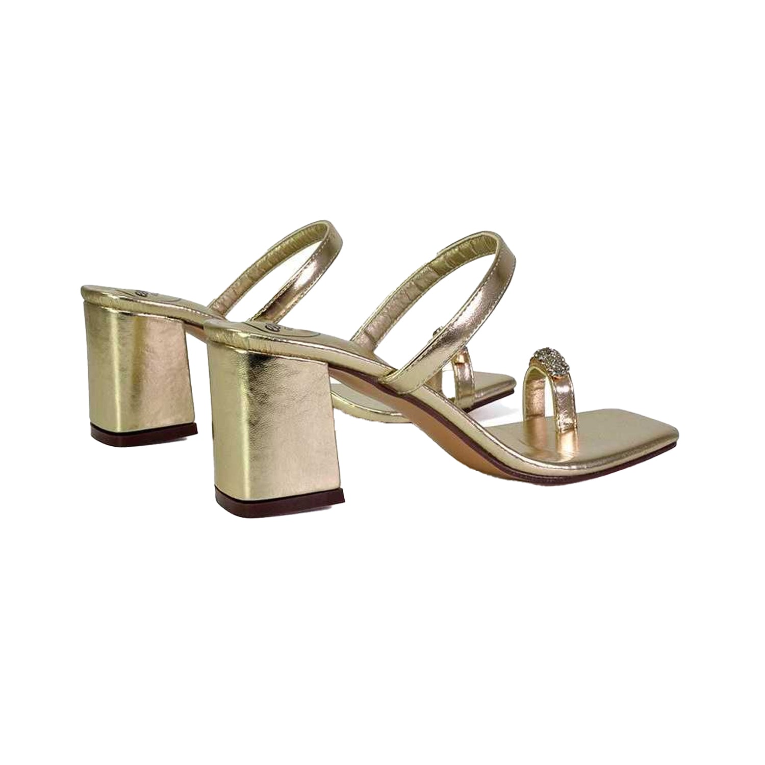 Metallic Gold - Back - XY London Womens-Ladies Daiquiri Diamante Double Strap Medium Block Heel Mule Sandals