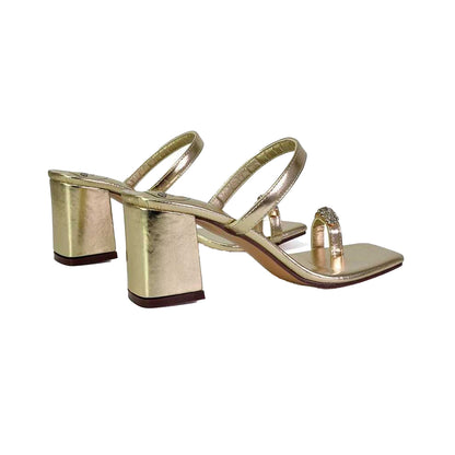 Metallic Gold - Back - XY London Womens-Ladies Daiquiri Diamante Double Strap Medium Block Heel Mule Sandals