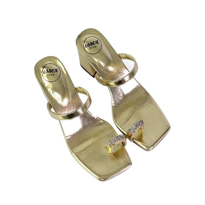 Metallic Gold - Side - XY London Womens-Ladies Daiquiri Diamante Double Strap Medium Block Heel Mule Sandals