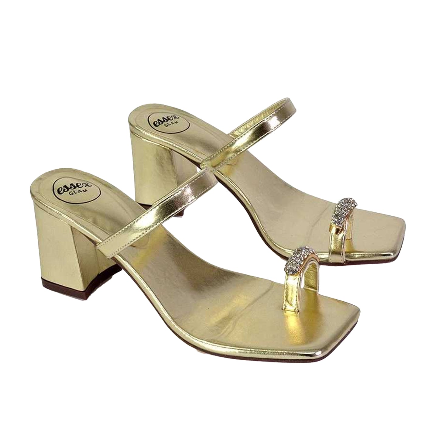 Metallic Gold - Pack Shot - XY London Womens-Ladies Daiquiri Diamante Double Strap Medium Block Heel Mule Sandals