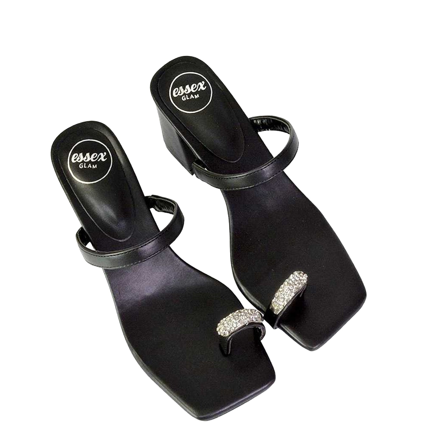 Black - Side - XY London Womens-Ladies Daiquiri Diamante Double Strap Medium Block Heel Mule Sandals