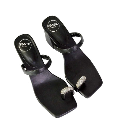 Black - Side - XY London Womens-Ladies Daiquiri Diamante Double Strap Medium Block Heel Mule Sandals